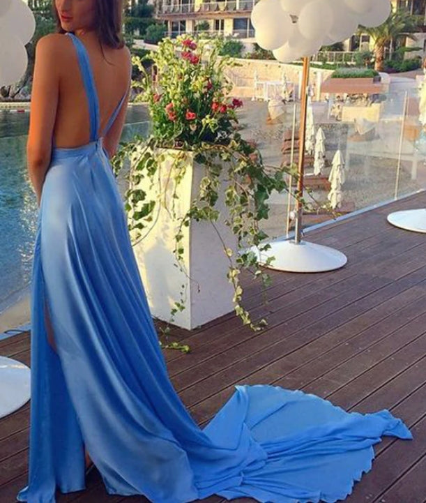 Luolandi Sexy Chiffon Evening Dresses V-back A-line Prom Dresses With Slit Formal Dress